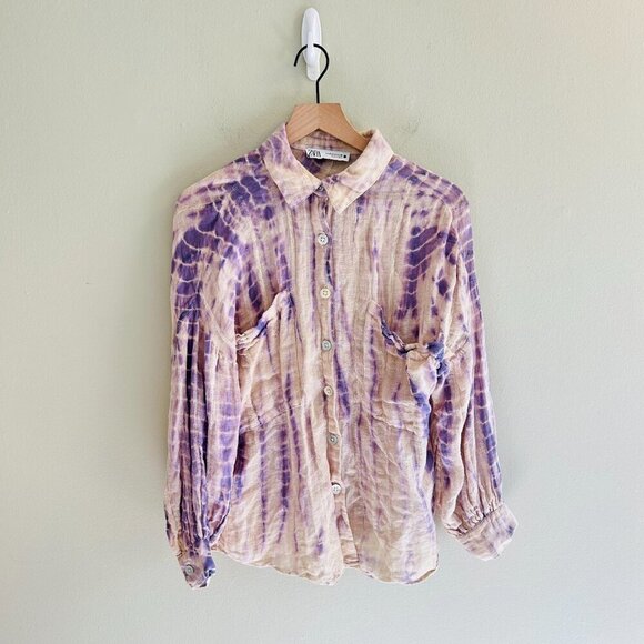 Zara Tie-Dye Linen Blend Blouse Limited Edition Womens Size Small Purple Relaxed - Picture 2 of 9